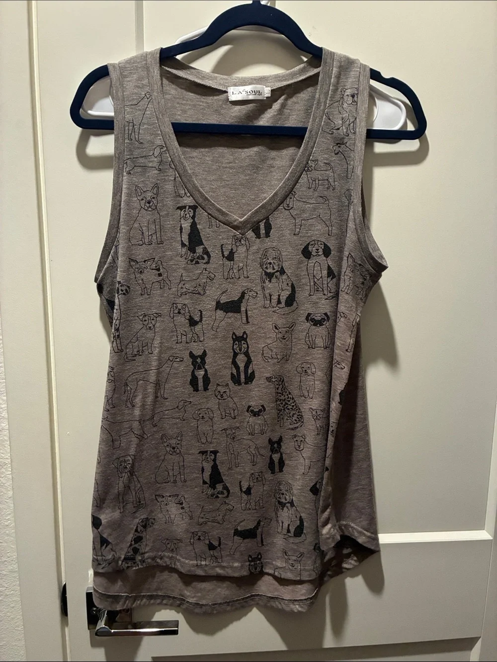 LA SOUL Taupe Dog Print Pet-Themed V-Neck Tank Top